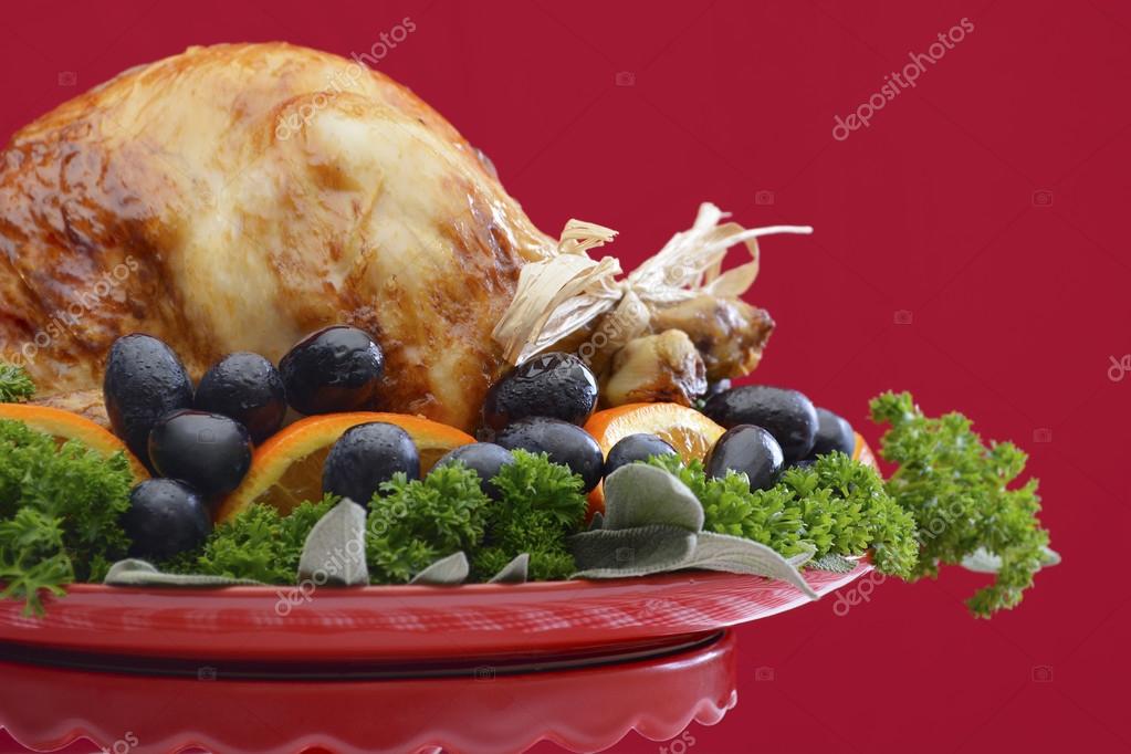 Festive Red Theme Thanksgiving Christmas Turkey Platter Stock Photo Festive Red Theme Thanksgiving Christmas Turkey Platter Stock Photo