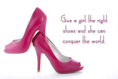 Pair of high heel stiletto pink shoes with funny quote