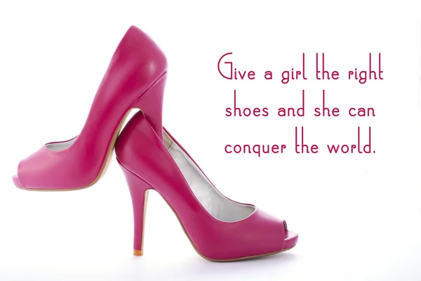 Pair of high heel stiletto pink shoes with funny quote — Stock Photo, Image