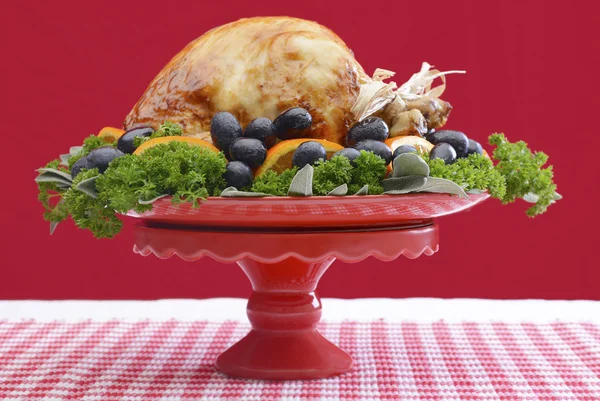 Festive Red Theme Thanksgiving Christmas Turkey Platter. — 图库照片