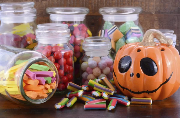 Happy Halloween Candy in Glass Apothecary Jars — Stock Photo, Image