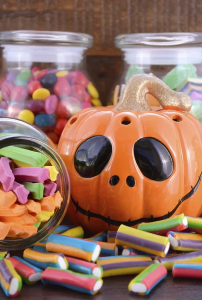 Happy Halloween Candy in Glass Apothecary Jars — Stock Photo, Image