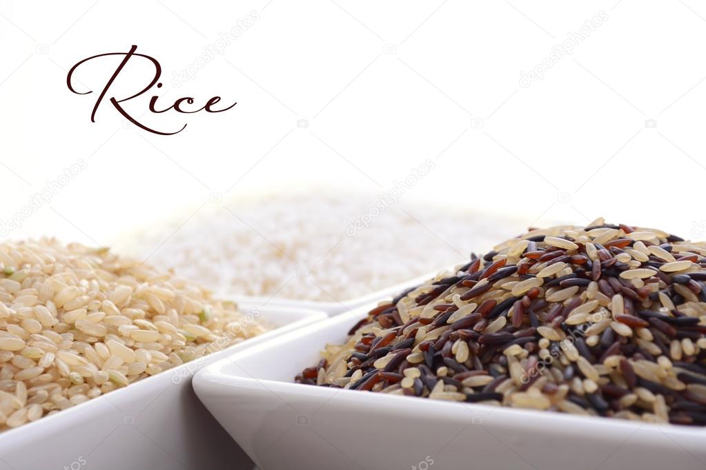 Square bowl of uncooked rice