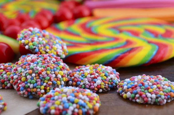 Assorted candy with brown paper bag. — Stok fotoğraf