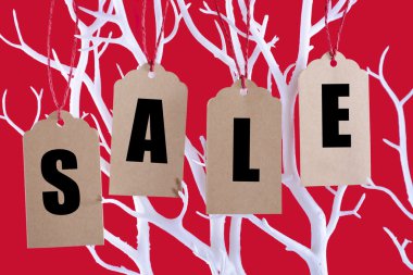 Sale tickets hanging from Winter tree branch