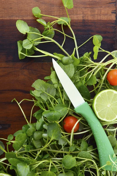 Salatzubereitung mit Wasserauflauf auf Holztisch. — Stockfoto