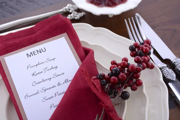 Configuração da mesa de Ação de Graças com Menu . — Fotografia de Stock