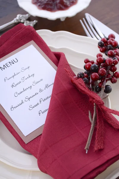 Configuração da mesa de Ação de Graças com Menu . — Fotografia de Stock