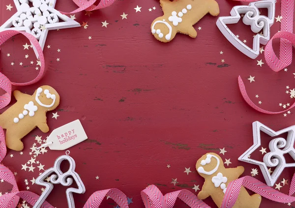 Christmas background on red wood table. — Stock Photo, Image