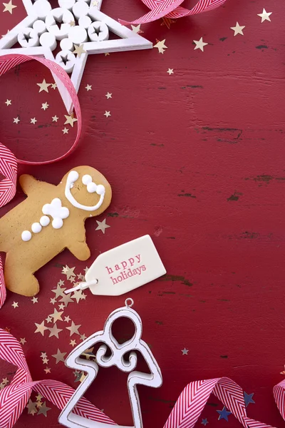 Christmas background on red wood table. — Stock Photo, Image