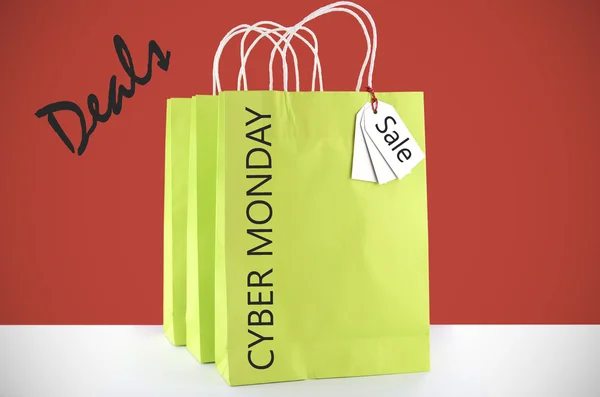 Lime Green Shopping Bags on Red White Background. — Stock Photo, Image