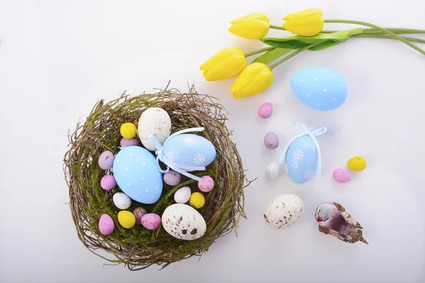 Easter eggs in nest on white wood table. — Stock Photo, Image