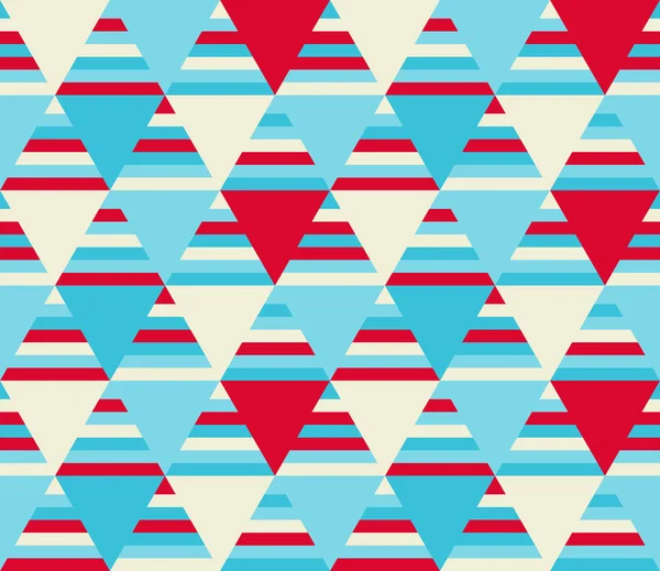 Nahtloses Muster mit blauen und roten Dreiecken und gestreiftem Hintergrund — Stockvektor