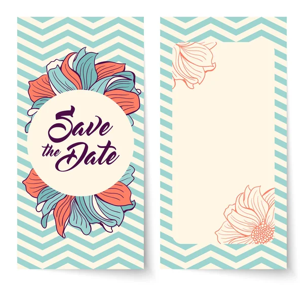 Save the Date card. Flowers on chevron background. — Stock Vector