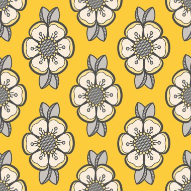 Sarı renkli çiçekli geometrik desen, kusursuz vektör arkaplan. Moda tekstili, kumaş, arka plan için..