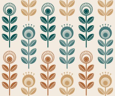 İskandinav halk tarzı çiçekler. Geleneksel halk sanatları süslerine dayanan kusursuz çiçek desenleri, İsveç tarzı İskandinav tarzı. Vektör çizimi. Basit retro renkler 70 'ler