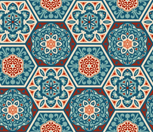 装饰的六角形水泥瓷砖 无缝矢量图案 拼凑风格 葡萄牙语Azulejo Talavera Moroccan Tiles — 图库矢量图片
