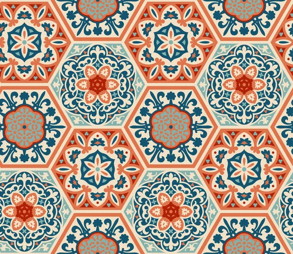 Carreaux Céramique Hexagonale Ciment Décorés Motif Vectoriel Sans Couture Style — Image vectorielle