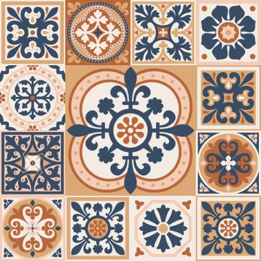 Azulejo döşeme döşemeleri. Soyut geometrik arkaplan. Vektör çizimi, kusursuz Akdeniz deseni. Portekiz fayans zemin azulejo tasarımı. Zemin çimento talavera fayans koleksiyonu