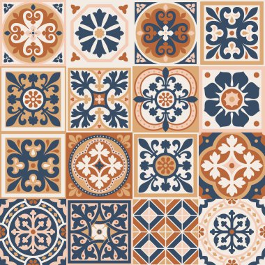 Azulejo döşeme döşemeleri. Soyut geometrik arkaplan. Vektör çizimi, kusursuz Akdeniz deseni. Portekiz fayans zemin azulejo tasarımı. Zemin çimento talavera fayans koleksiyonu