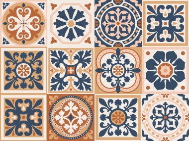 Azulejo döşeme döşemeleri. Soyut geometrik arkaplan. Vektör çizimi, kusursuz Akdeniz deseni. Portekiz fayans zemin azulejo tasarımı. Zemin çimento talavera fayans koleksiyonu
