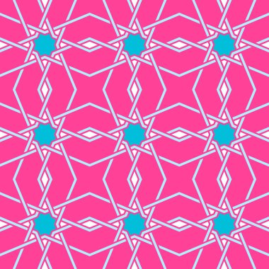 Geleneksel Arap geometrisinden esinlenilmiş modern Karmaşık Kafes Deseni. Kusursuz vektör arkaplan deseni. 1980 'lerin parlak neon renkleri - pembe, sarı, cyan mavisi