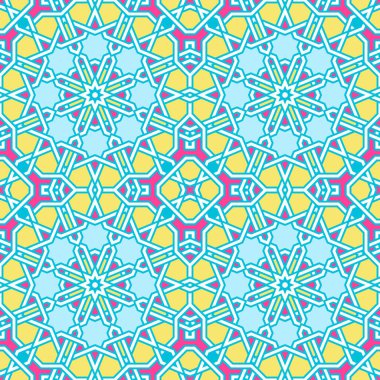 Geleneksel Arap geometrisinden esinlenilmiş modern Karmaşık Kafes Deseni. Kusursuz vektör arkaplan deseni. 1980 'lerin parlak neon renkleri - pembe, sarı, cyan mavisi