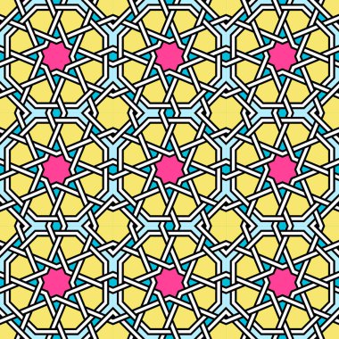 Geleneksel Arap geometrisinden esinlenilmiş modern Karmaşık Kafes Deseni. Kusursuz vektör arkaplan deseni. 1980 'lerin parlak neon renkleri - pembe, sarı, cyan mavisi