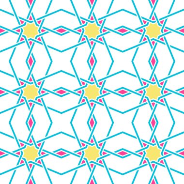 Geleneksel Arap geometrisinden esinlenilmiş modern Karmaşık Kafes Deseni. Kusursuz vektör arkaplan deseni. 1980 'lerin parlak neon renkleri - pembe, sarı, cyan mavisi