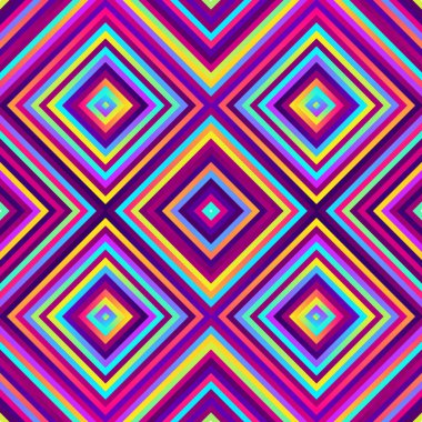 Çılgın kareler - parlak geometrik desenler ve kalın neon renkler. Çok renkli çizgiler. Kusursuz vektör deseni. Soyut geometrik arkaplan.