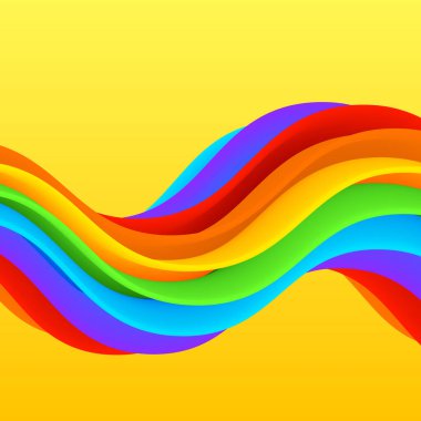 Parlak üç boyutlu gökkuşağı arkaplanı, yazlık poster şablonu. Renkli neşeli yaz davetiye pankartı tasarımı. LGBT gökkuşağı vektör çizimi.