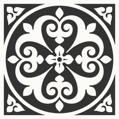 Azulejo döşeme döşemeleri desenli. Soyut geometrik arkaplan. Vektör çizimi, kusursuz Akdeniz deseni. Portekiz zemin çimento seramikleri tasarımı. Siyah beyaz karolar şablon