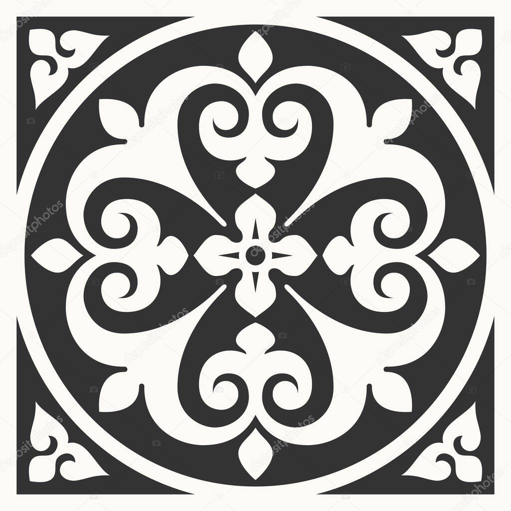 Patterned azulejo floor tiles. Abstract geometric background. Vector illustration, seamless mediterranean pattern. Portuguese floor cement tiles design. Black and white tiles stensil