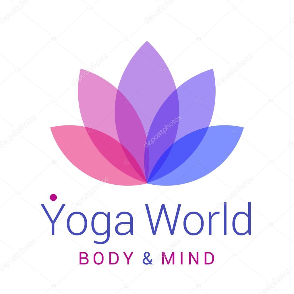 Colorful five-petals Lotus flower as symbol of yoga. Sample text - Yoga world, body and mind. Vector illustration for yoga event, school, club, web.