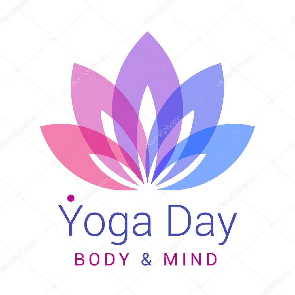 Colorful five-petals Lotus flower as symbol of yoga. Sample text - Yoga day, body and mind. Vector illustration for yoga event, school, club, web.