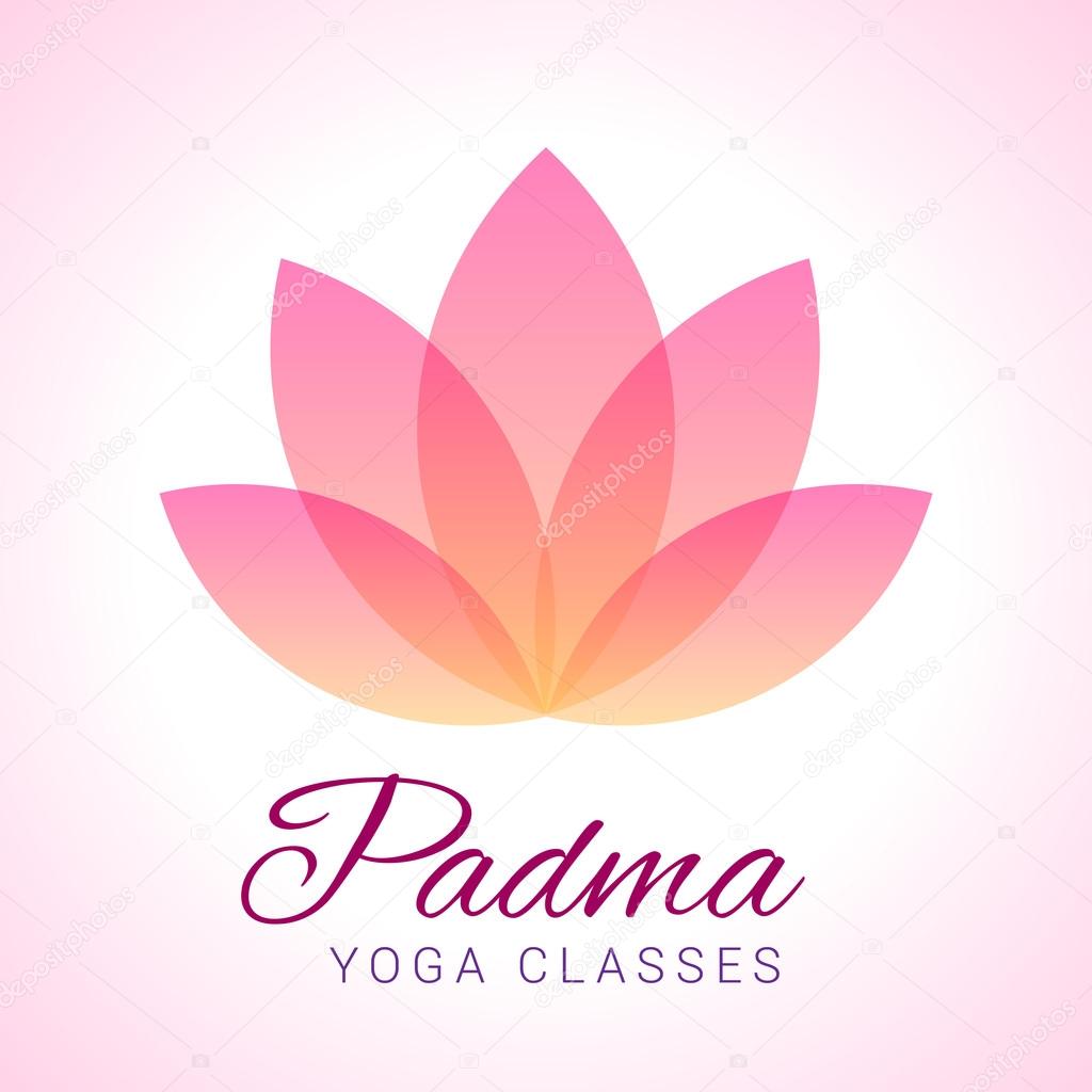 Colorful five-petals Lotus flower as symbol of yoga. Sample text - Padma, yoga classes. Vector illustration for yoga event, school, club, web.