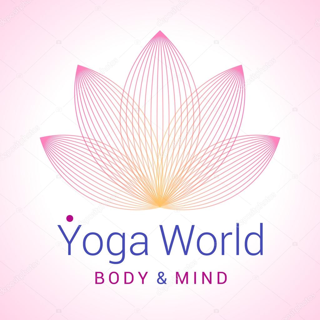 Colorful five-petals Lotus flower as symbol of yoga. Sample text - Yoga world, body and mind. Vector illustration for yoga event, school, club, web.