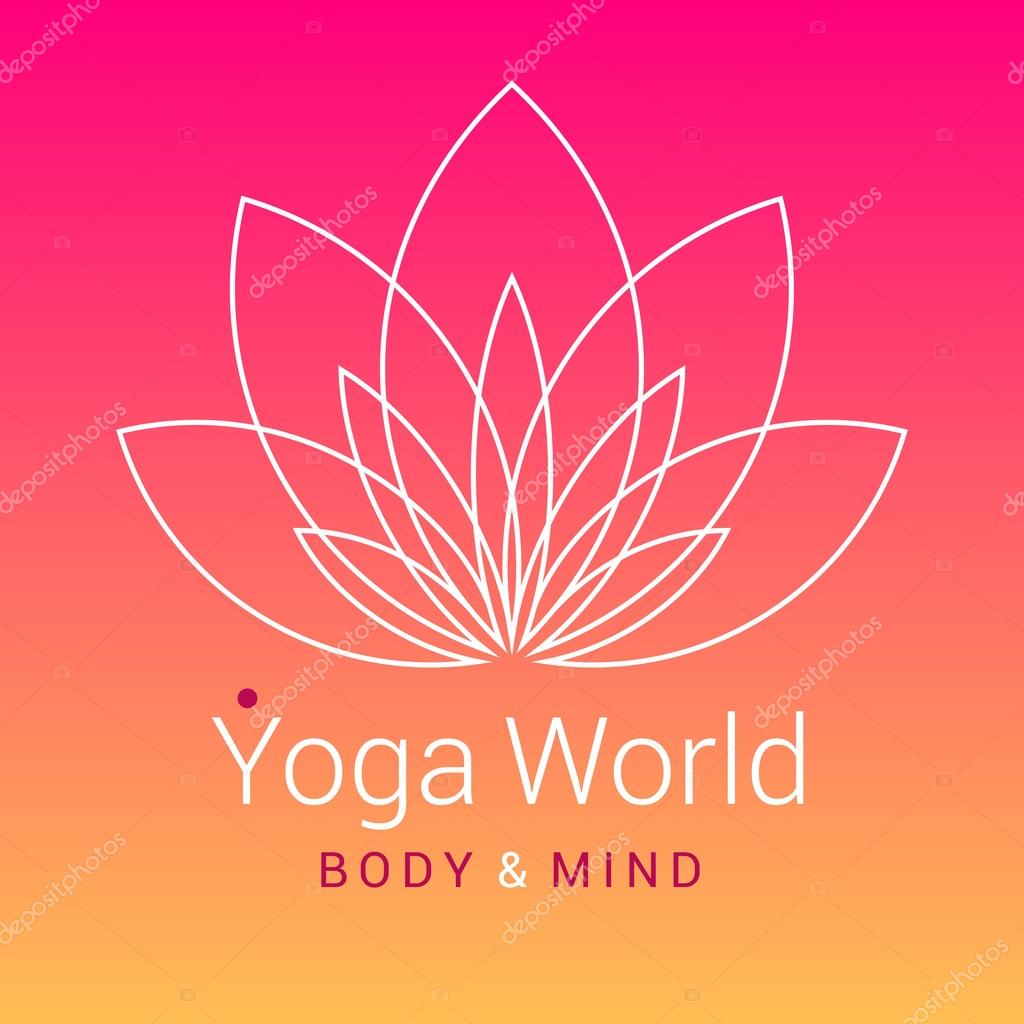Outline five-petals Lotus flower as symbol of yoga, on colorful pink-orange background. Sample text - Yoga world, body and mind. Vector illustration for yoga event, school, club, web.