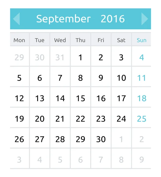 Simple calendario vectorial europeo 2016, un mes — Archivo Imágenes Vectoriales
