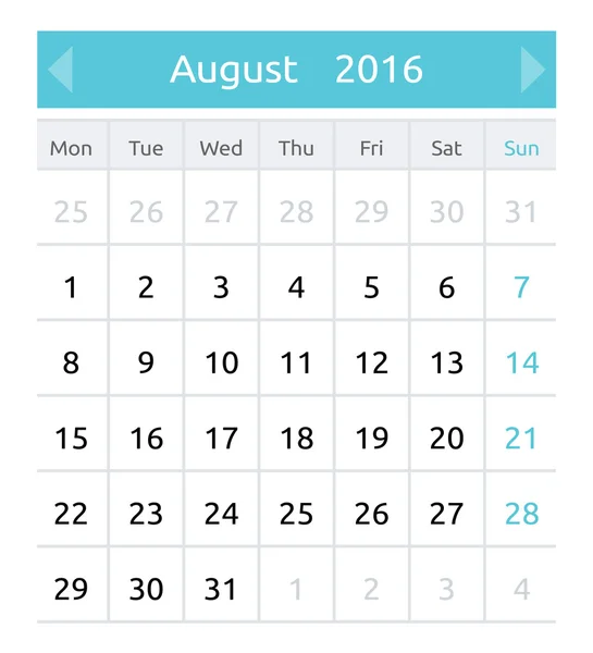 Simple european 2016 vector calendar, one month — Stock Vector