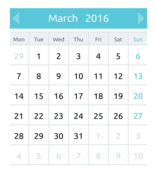 Einfacher europäischer Vektorkalender 2016, ein Monat — Stockvektor