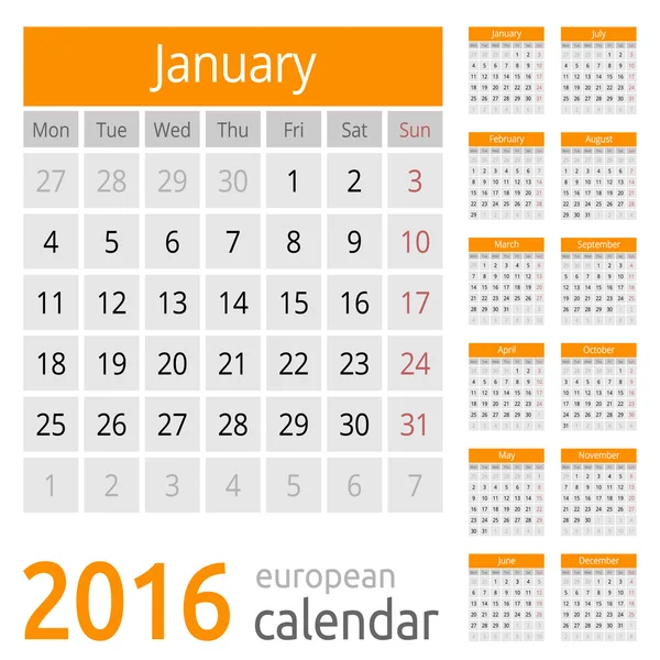 Einfacher europäischer Jahresvektorkalender 2016 — Stockvektor