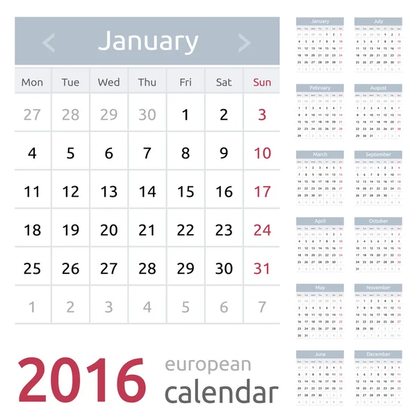 Simple calendario vectorial europeo 2016 año — Archivo Imágenes Vectoriales