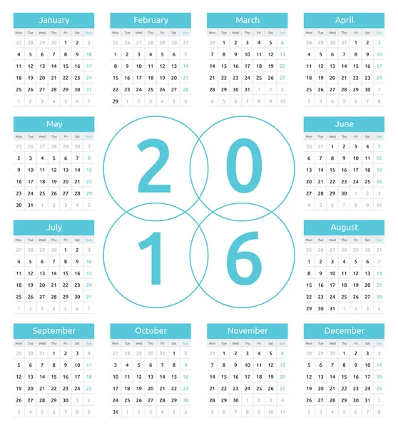 Simple calendario vectorial europeo 2016 año — Archivo Imágenes Vectoriales