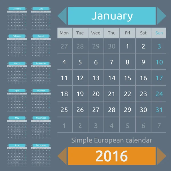 Απλό ευρωπαϊκό έτος 2016 έτος διάνυσμα ημερολόγιο — Διανυσματικό Αρχείο