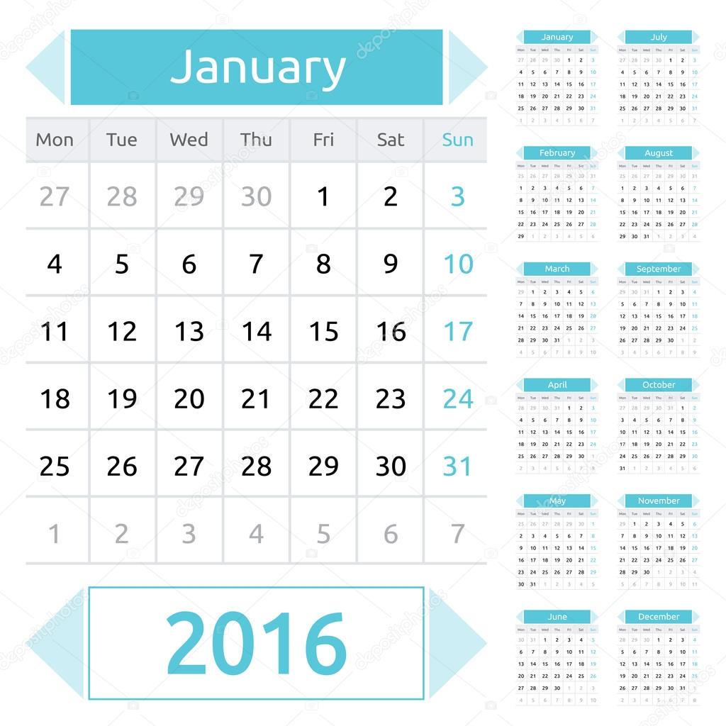 Simple european 2016 year vector calendar