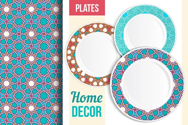 Pattern and set of decorative plates. — Stock vektor