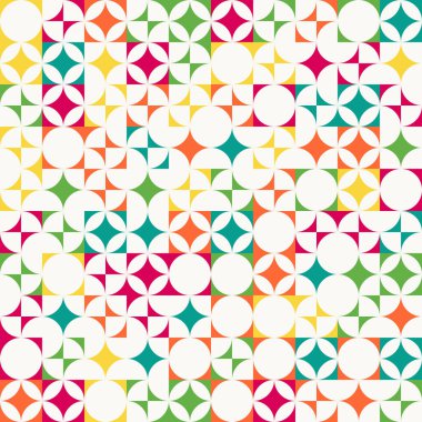 Soyut geometrik zemin, gaddarlık bauhaus stili elementler rastgele sırada, farklı renkler, kusursuz vektör jeo bg deseni, basit düz geometri şekilleri duvar kağıdı, kumaş, yaratıcı web projeleri.