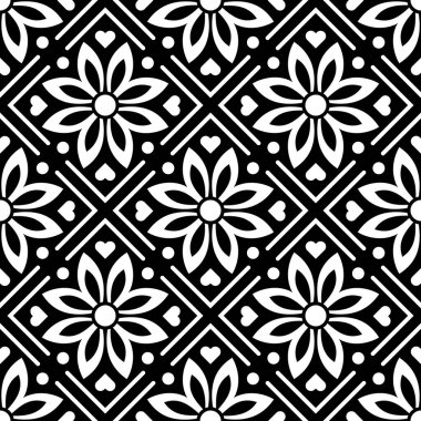Çiçekler ve kalpler, tek renkli soyut çiçekler, siyah ve beyaz geometri sırası, dikişsiz vektör çiçek deseni
