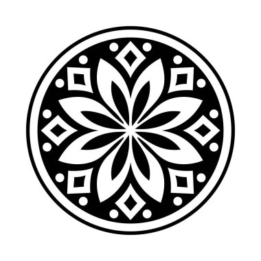 Siyah ve beyaz halk çiçeği, dekoratif çiçek tasarımı elementi, vektör illüstrasyonu, mandala tarzı, simetrik düzen ve kalın kontrast, dekoratif, süslemeli his.